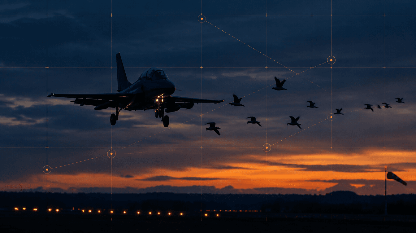 Military training jet on approach at dusk with birds crossing the flight path