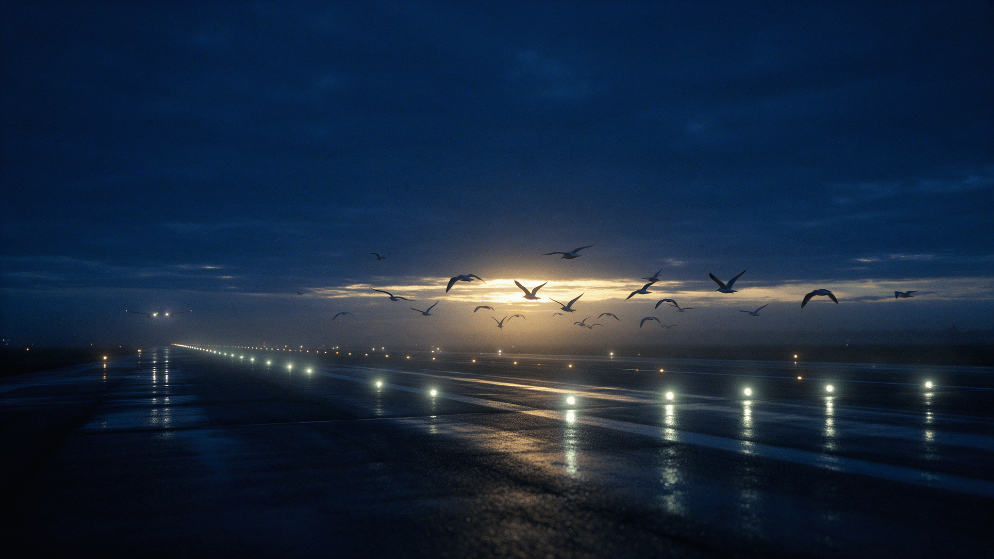 Gulls crossing an airport approach corridor at dawn as a weather front clears, wet runway and approach lights below