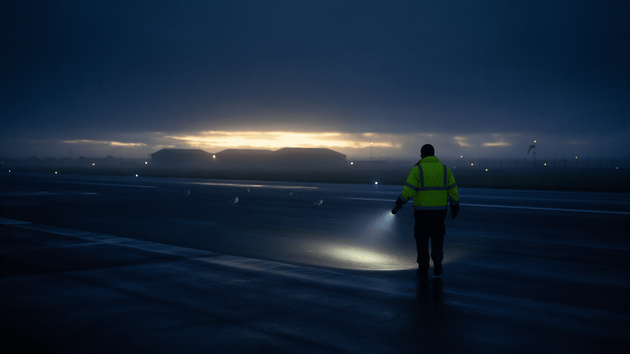 Airfield officer walking a dark runway at dawn, torch lighting only a small patch of tarmac, gulls barely visible beyond the beam