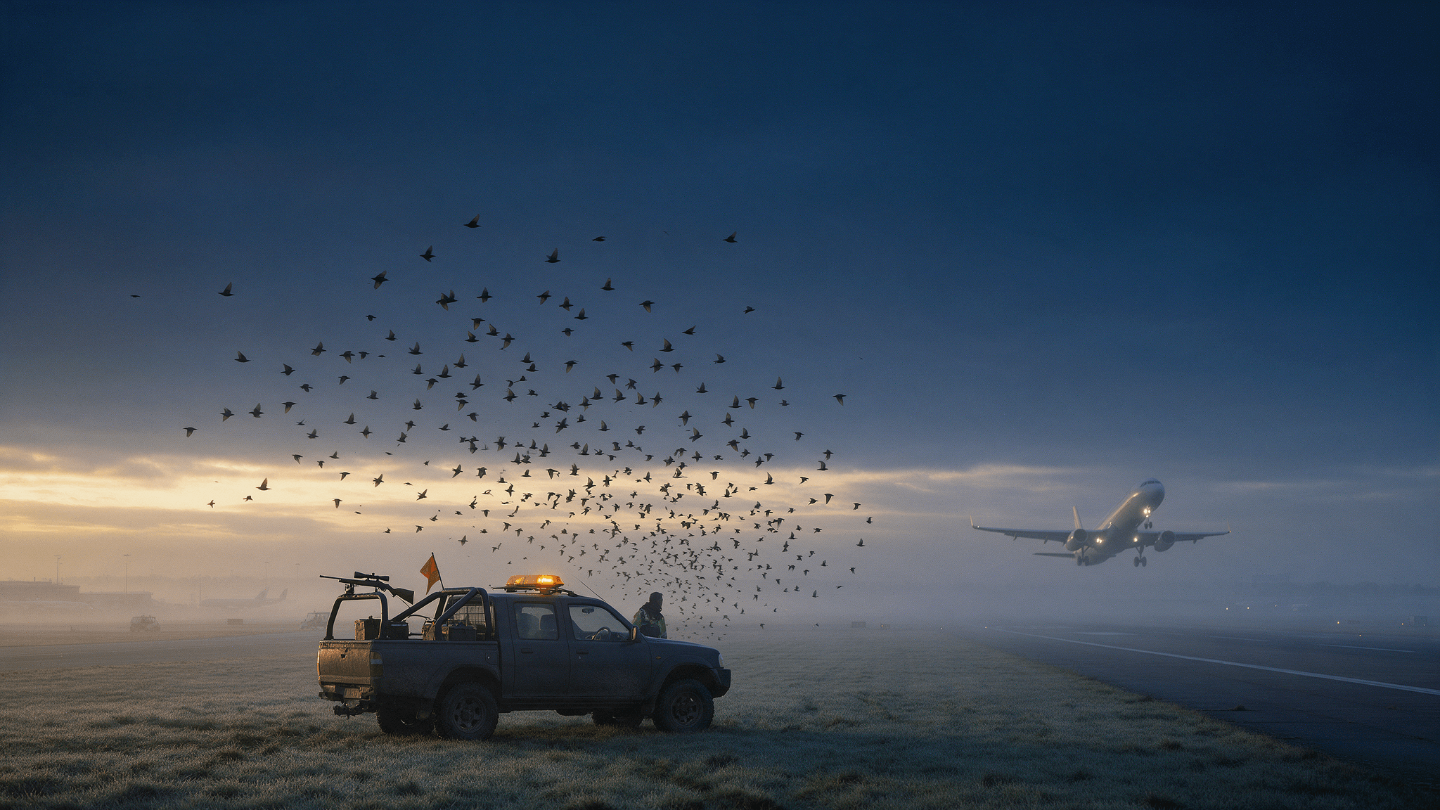 Airport wildlife control officer and patrol truck on the airfield at dawn as a flock of starlings disperses and an airliner takes off behind
