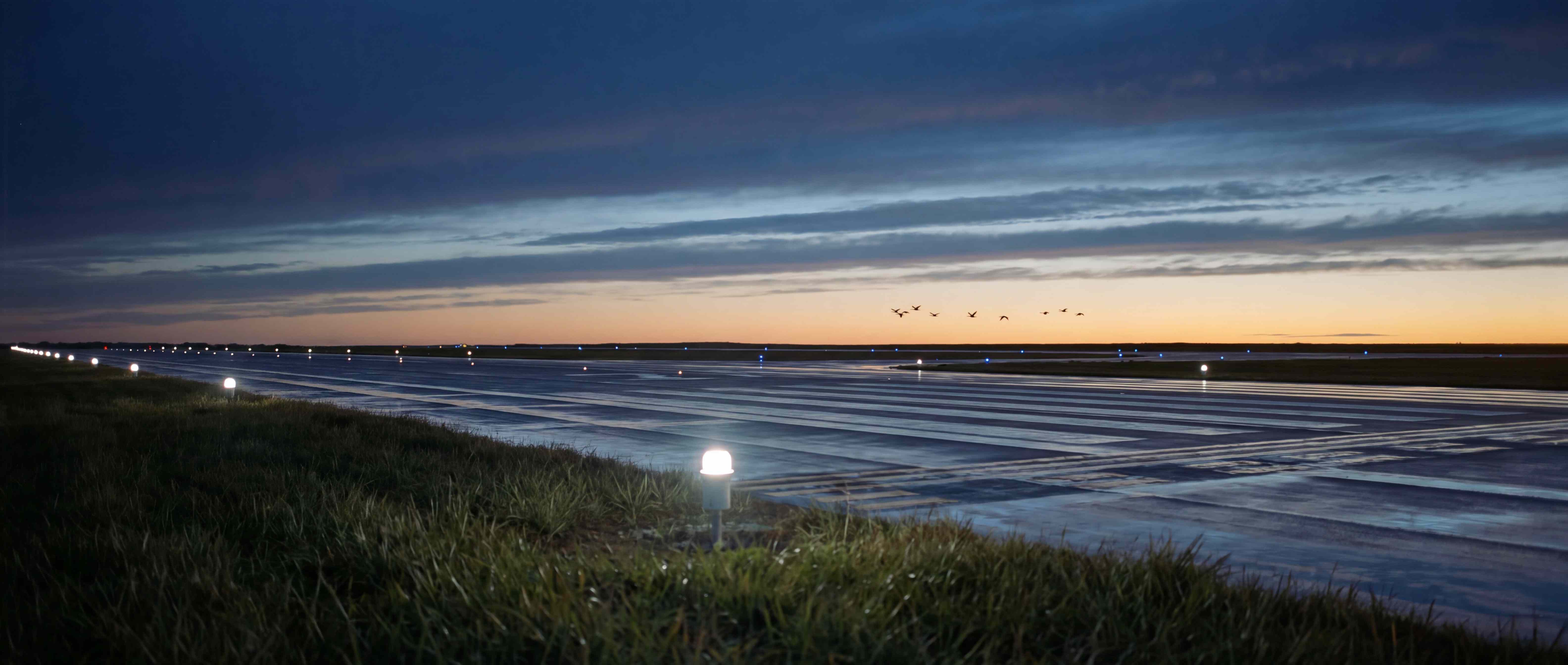 Runway centreline lights stretching toward the horizon